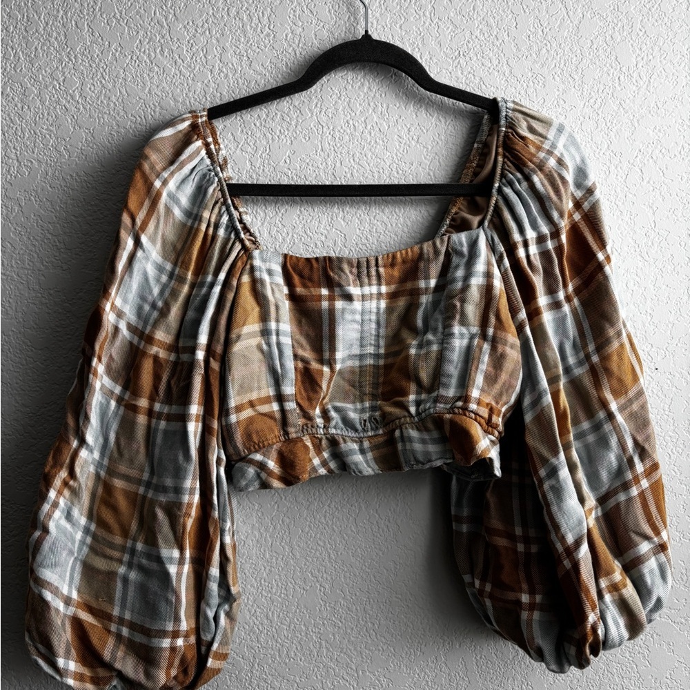 Show Me Your MuMu Brown and Gray Plaid Blouse